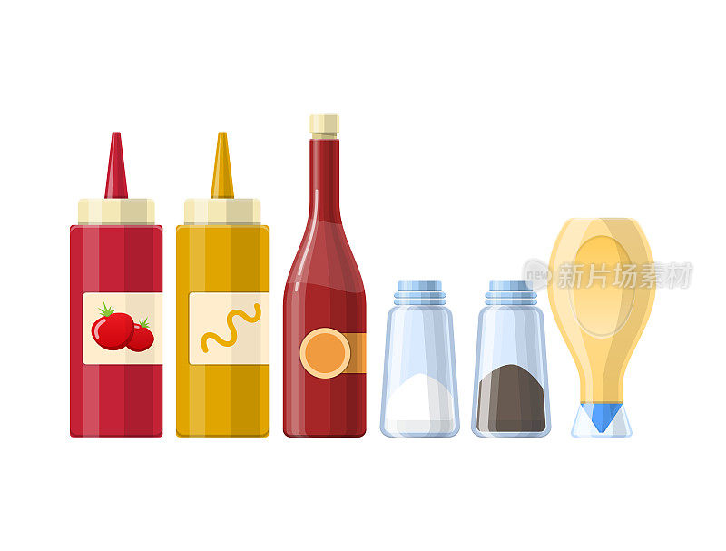 Set of sauces, spices and condiments, in different realistic bottles